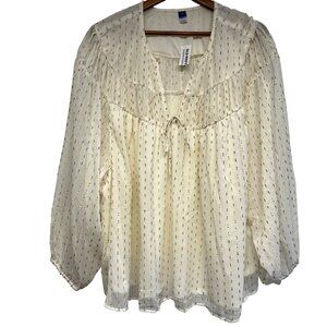 Old Navy Womens Cream & Gold Peasant Blouse Size 4X Long Sleeves V-Neck Lined
